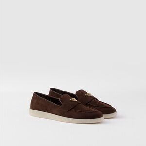 Prada Dark Brown Suede Penny Loafers with Gold Emblem